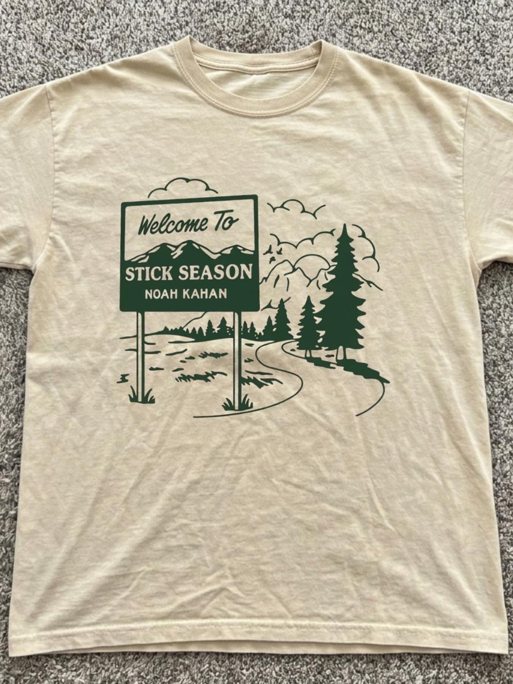 Gildan Beige Tee with Dark Green 'Stick Season' Graphic